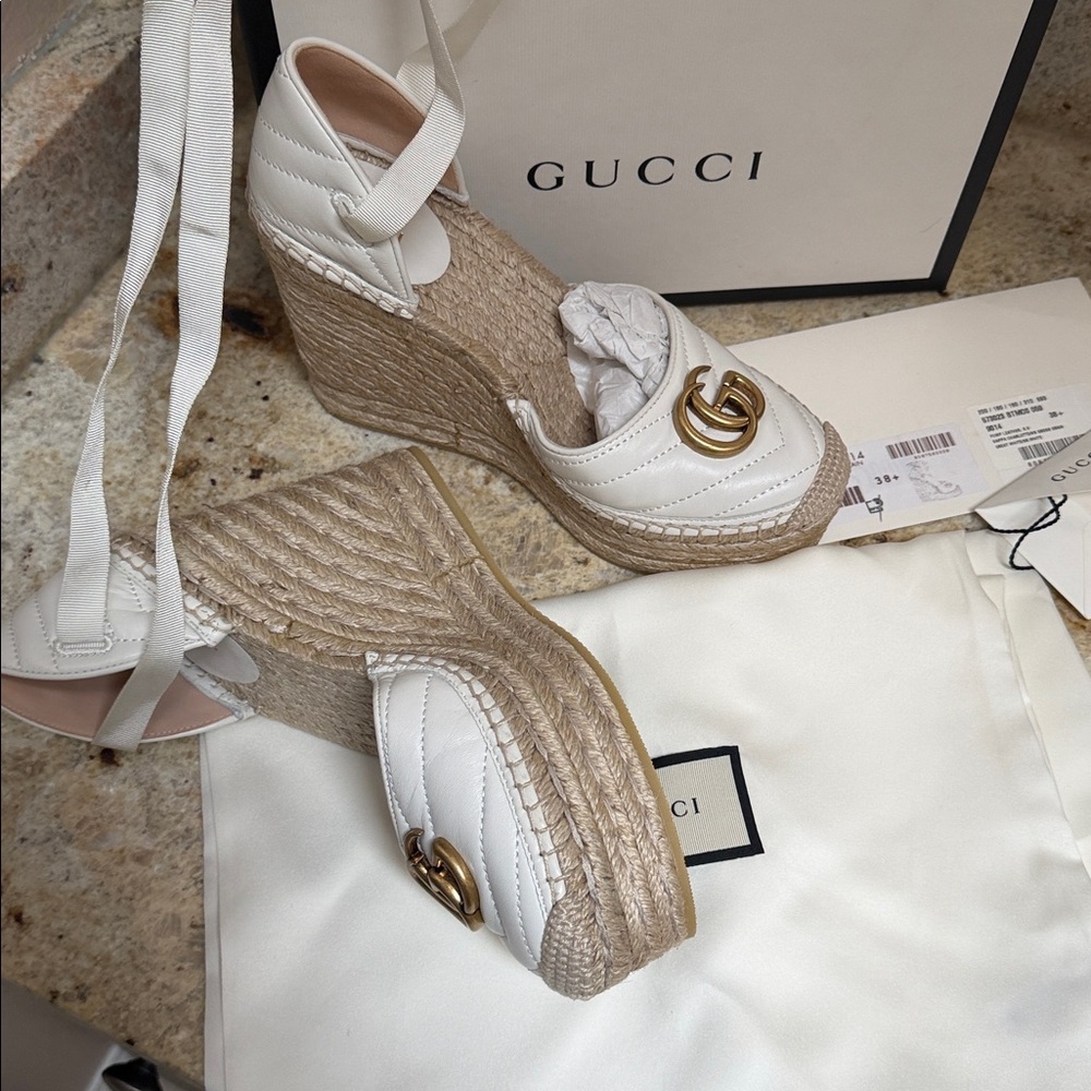 NEW GUCCI White Leather Marmont GG Charlotte Espadrille Wedge Sandals 38.5 - Picture 9 of 17